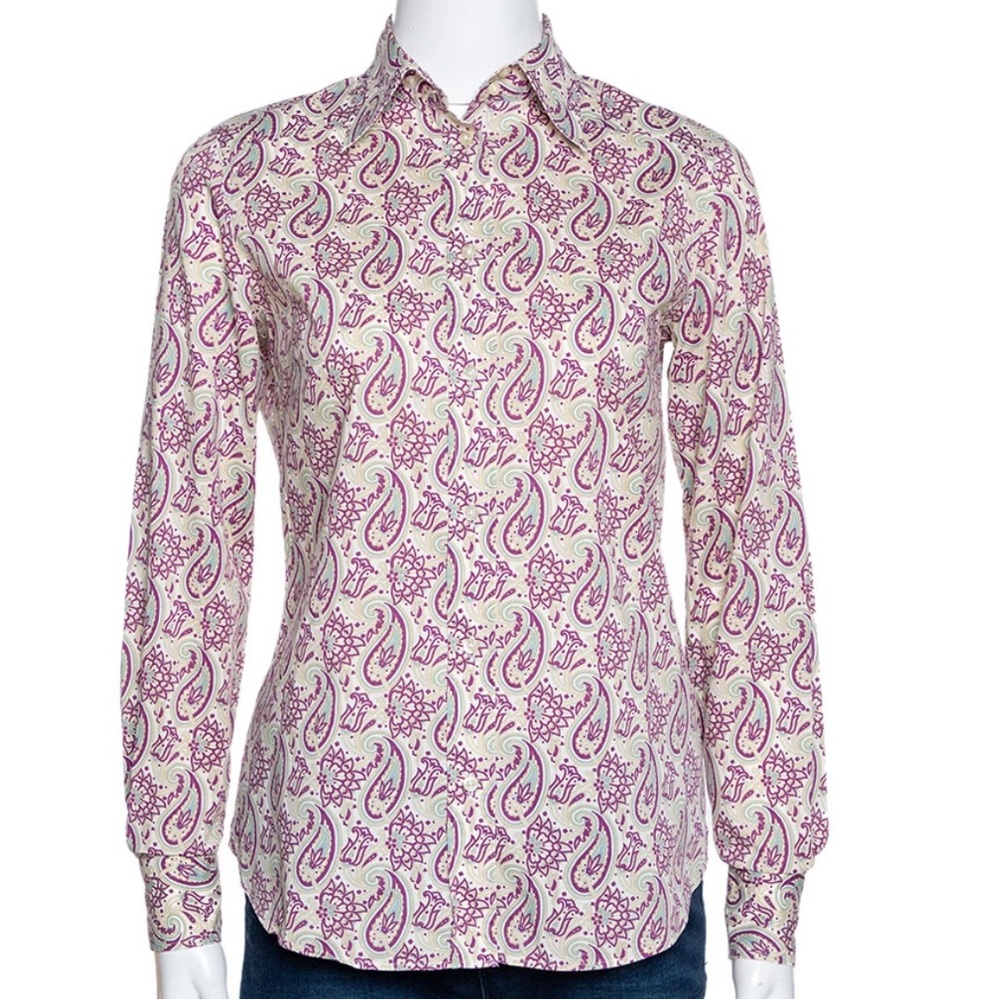 Etro Sage Green & Purple Paisley Printed Button Up Shirt IT 50 US XL Preppy